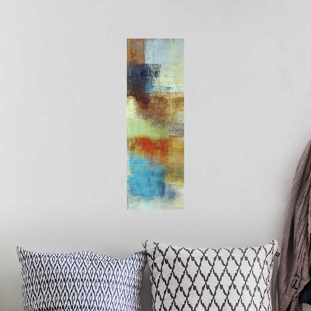 A bohemian room featuring Tall abstract painting with patches of color and sponge textures.