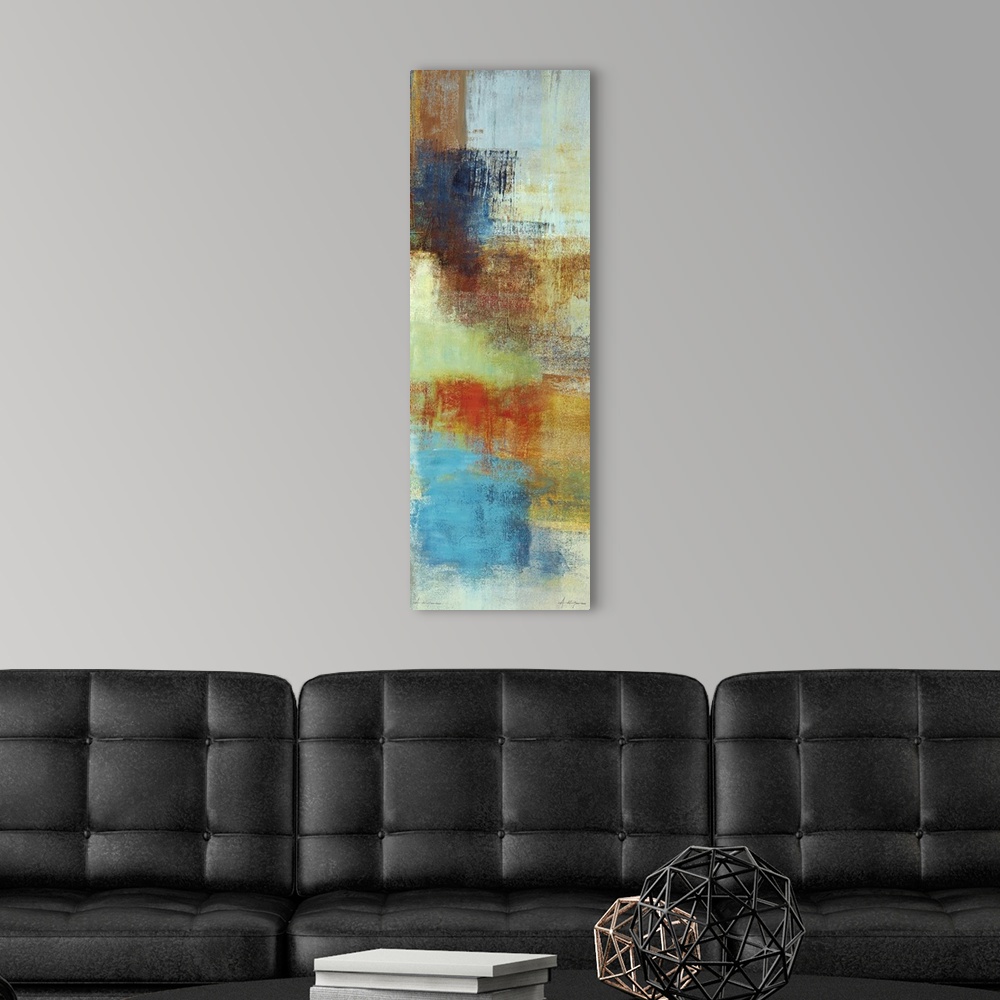 A modern room featuring Tall abstract painting with patches of color and sponge textures.