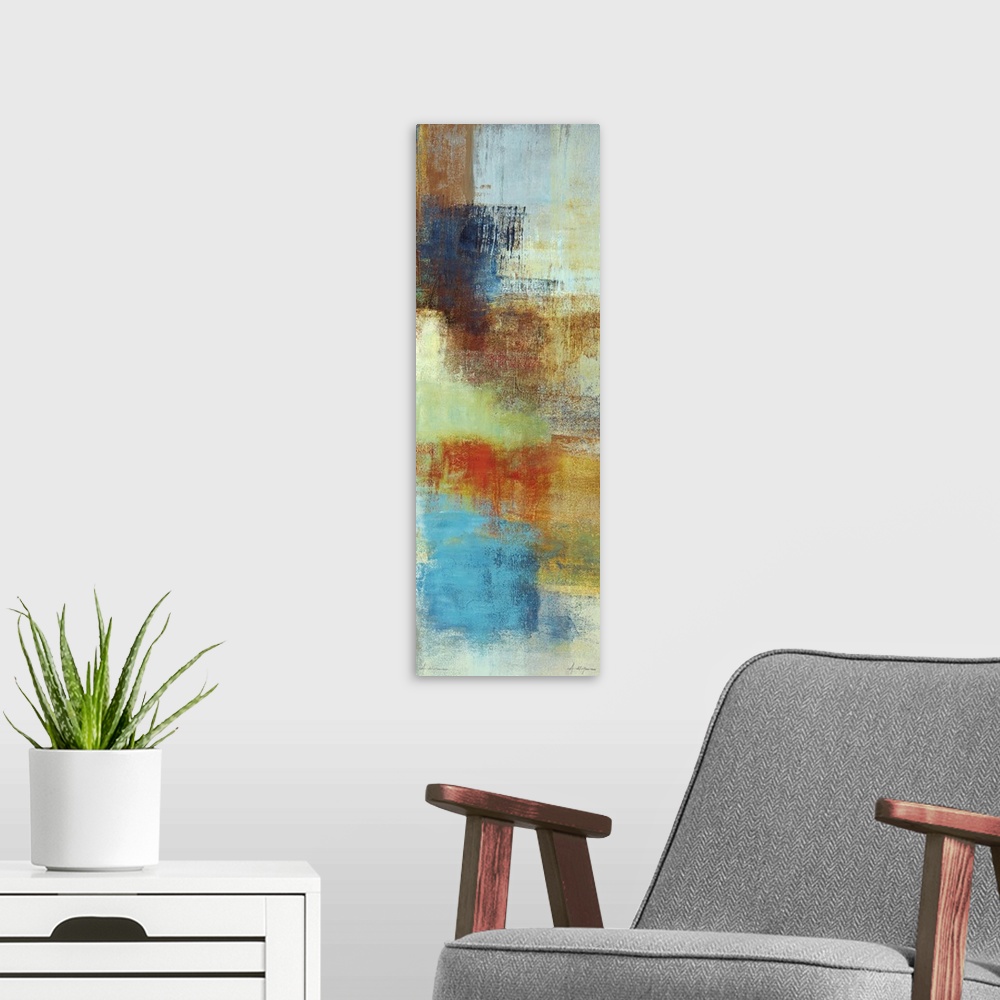 A modern room featuring Tall abstract painting with patches of color and sponge textures.