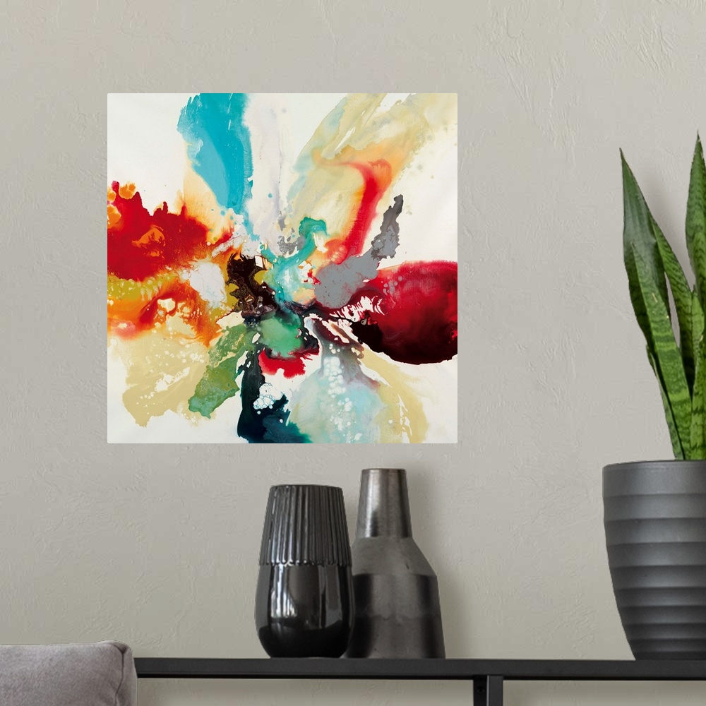 A modern room featuring Contemporary abstract painting using vibrant bold colors.