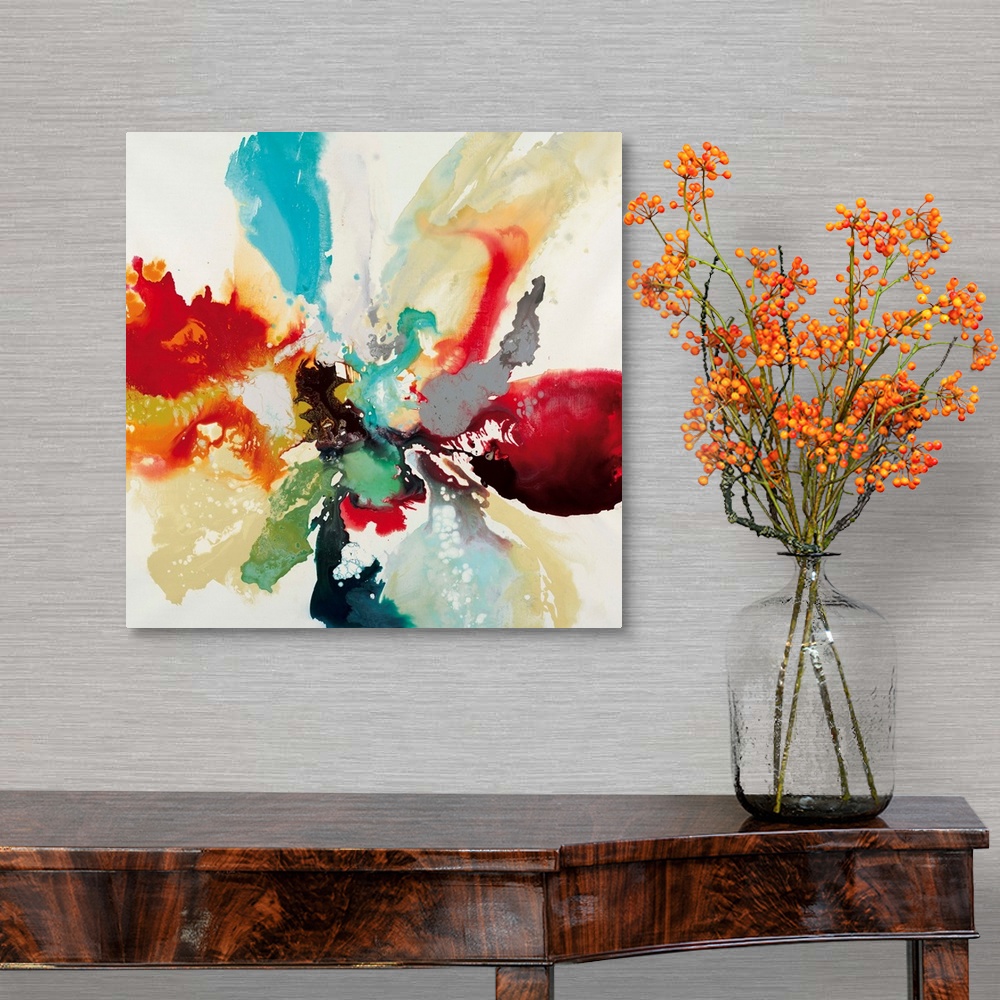 A traditional room featuring Contemporary abstract painting using vibrant bold colors.