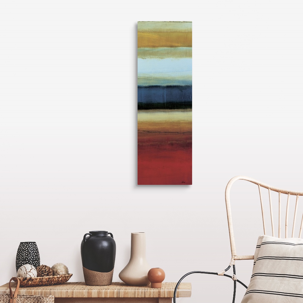 A farmhouse room featuring Contemporary abstract painting using vibrant earth tones.