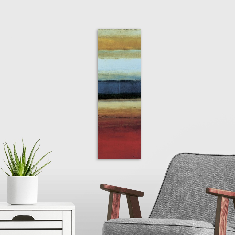 A modern room featuring Contemporary abstract painting using vibrant earth tones.