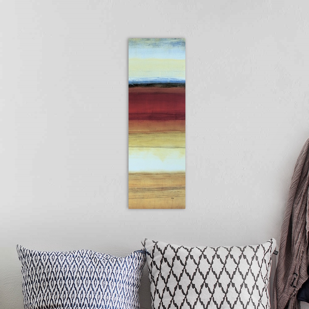 A bohemian room featuring Contemporary abstract painting using vibrant earth tones.