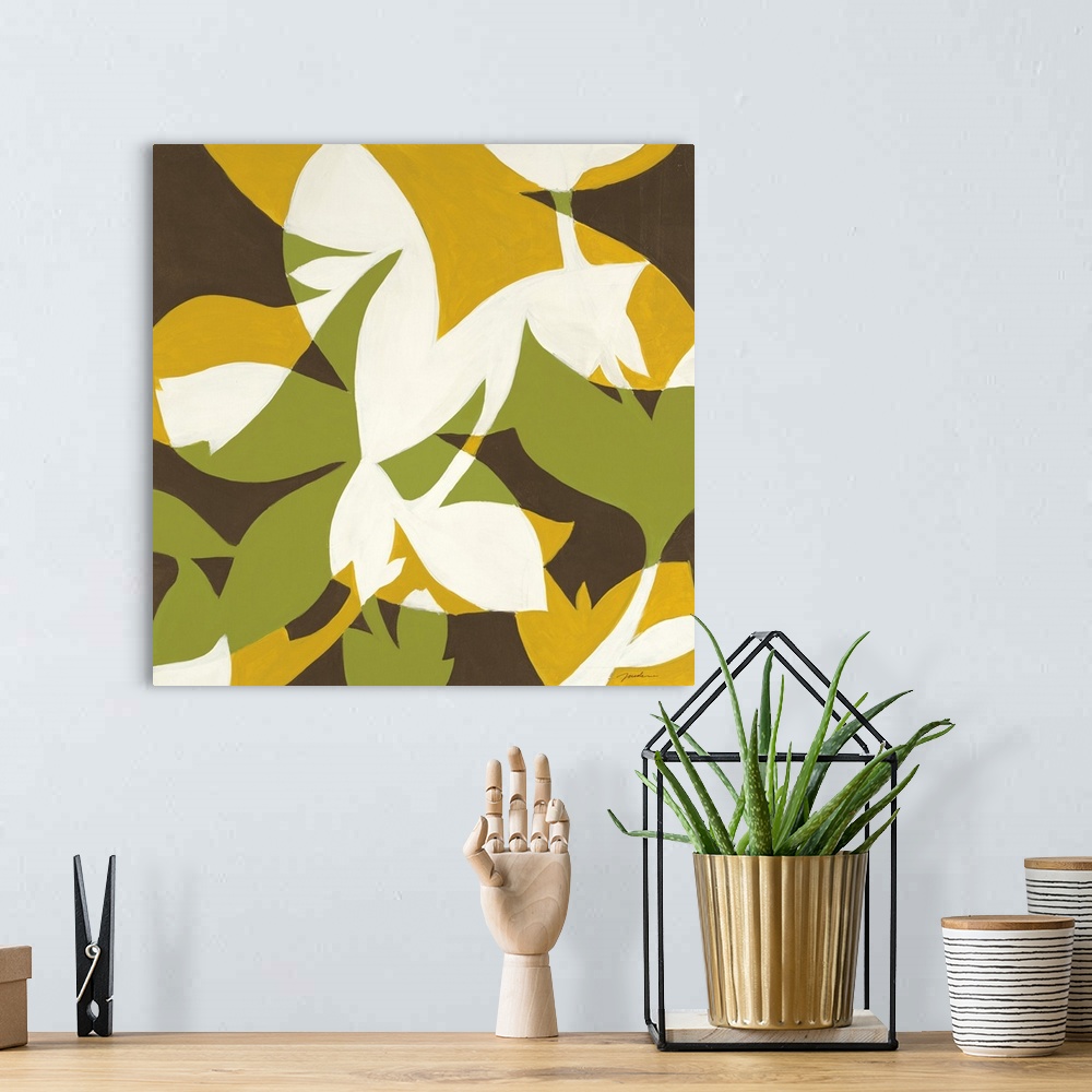A bohemian room featuring A square contemporary painting of layered flower and leaf shapes in bold colors of yellow, green ...