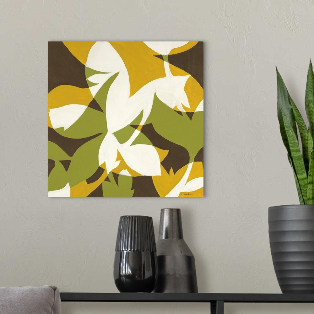 A modern room featuring A square contemporary painting of layered flower and leaf shapes in bold colors of yellow, green ...