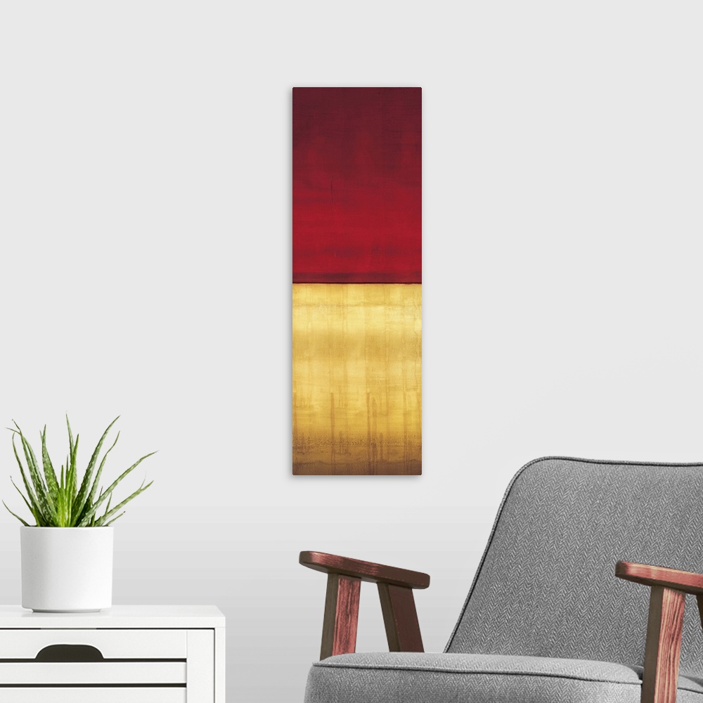 A modern room featuring Contemporary color field painting using golden yellow tones meeting a dark red tone in the center...