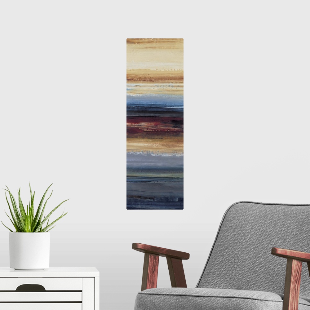 A modern room featuring Contemporary abstract painting using cool tones mixed with warm tones resembling a landscape.