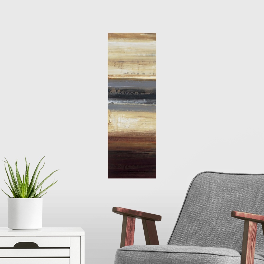 A modern room featuring Contemporary abstract painting using cool tones mixed with warm tones resembling a landscape.