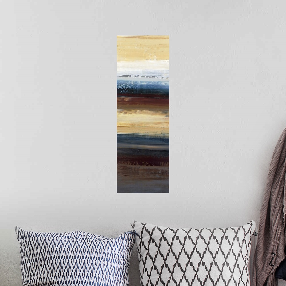 A bohemian room featuring Contemporary abstract painting using cool tones mixed with warm tones resembling a landscape.