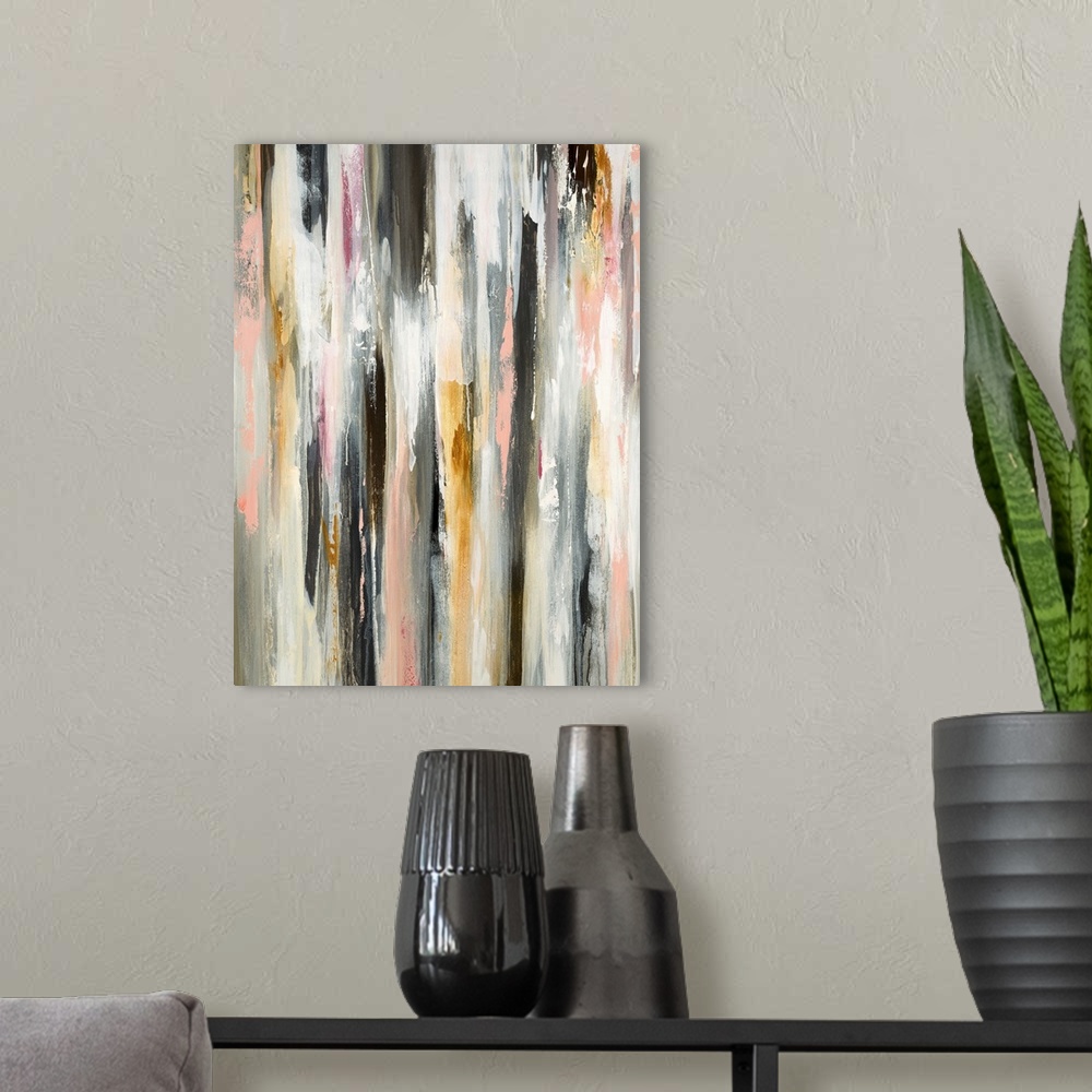 A modern room featuring Abstract painting with vertical brushstrokes layered on top of each other in shades of pink, brow...