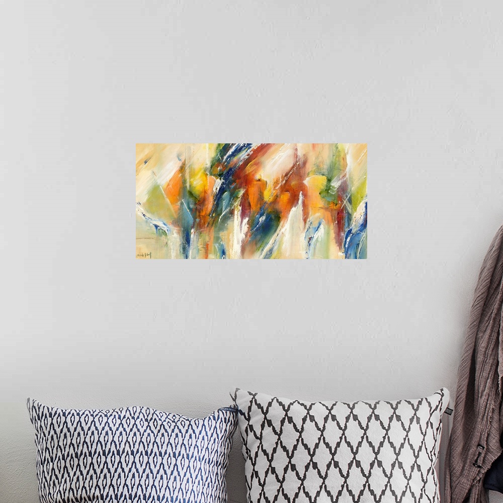 A bohemian room featuring Large abstract painting in vibrant shades of blue, green, yellow, orange, and red with white brus...