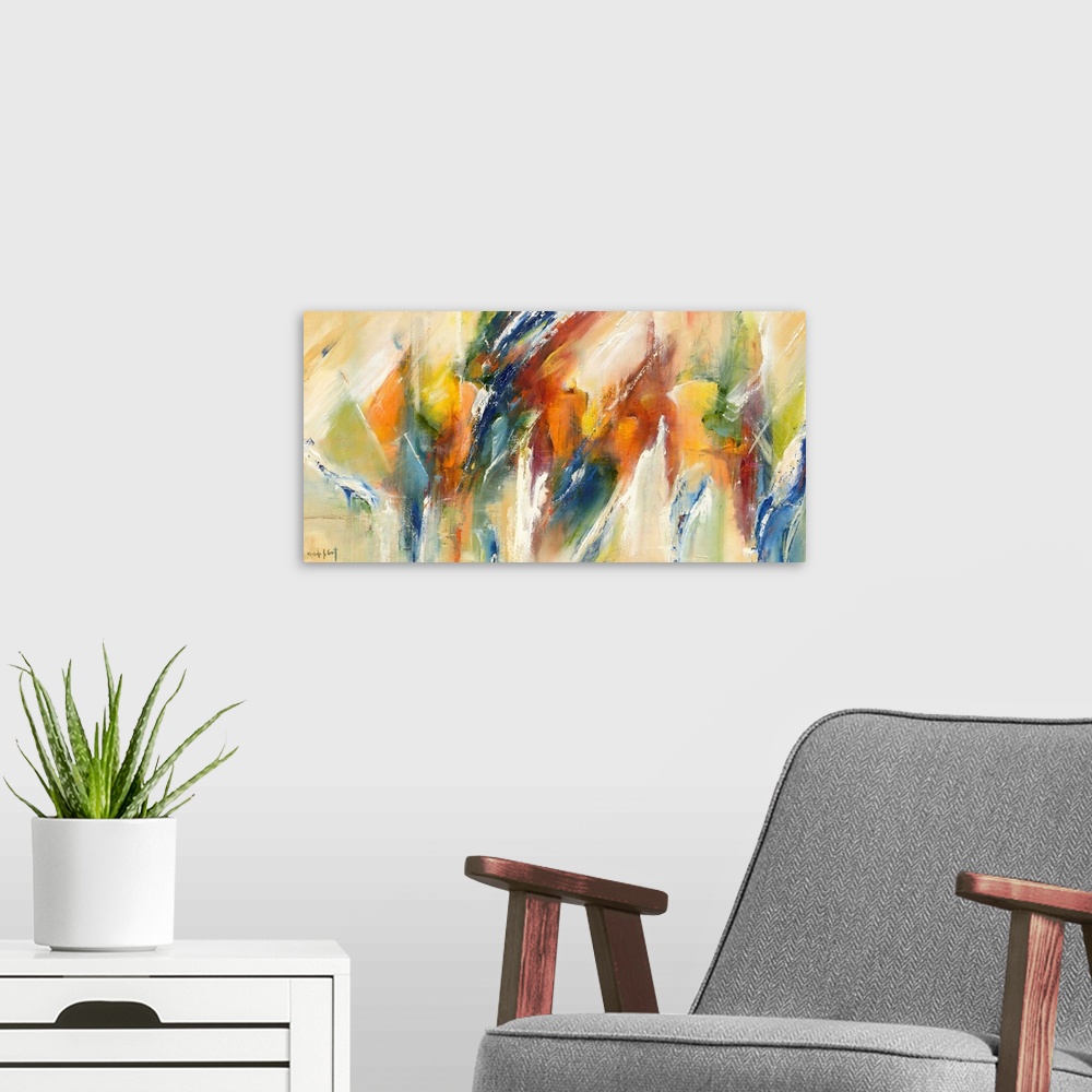 A modern room featuring Large abstract painting in vibrant shades of blue, green, yellow, orange, and red with white brus...