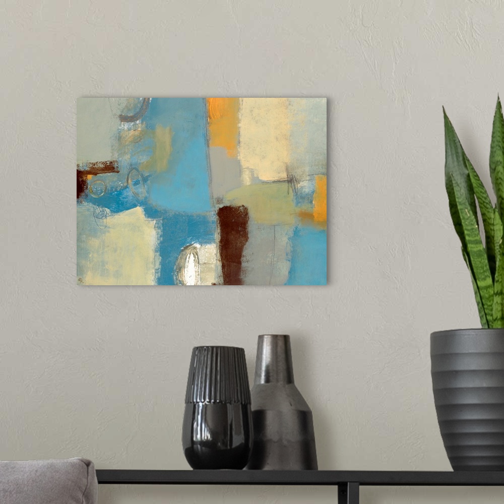 A modern room featuring This contemporary painting is a horizontal abstract wall art showing large irregular grids of color.