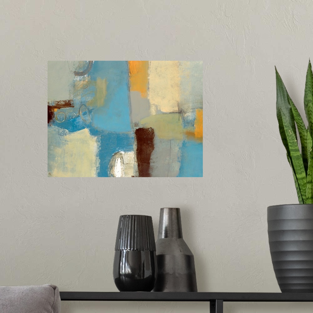 A modern room featuring This contemporary painting is a horizontal abstract wall art showing large irregular grids of color.