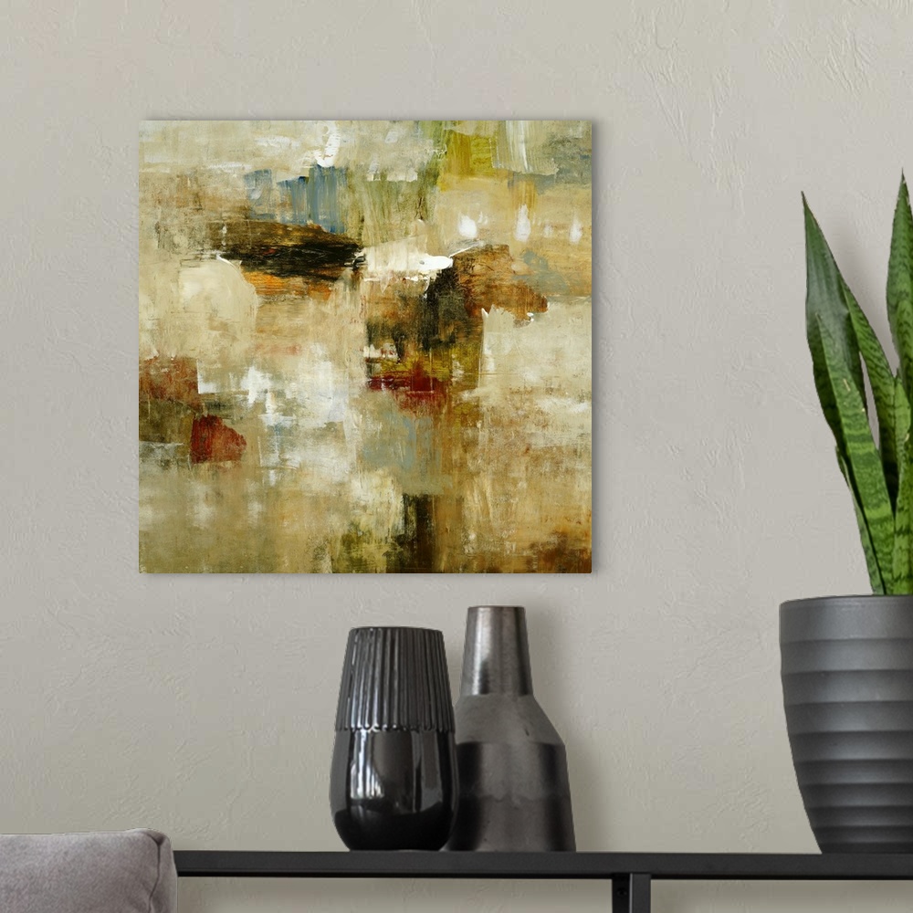 A modern room featuring A contemporary distressed abstract painting using earthy tones.