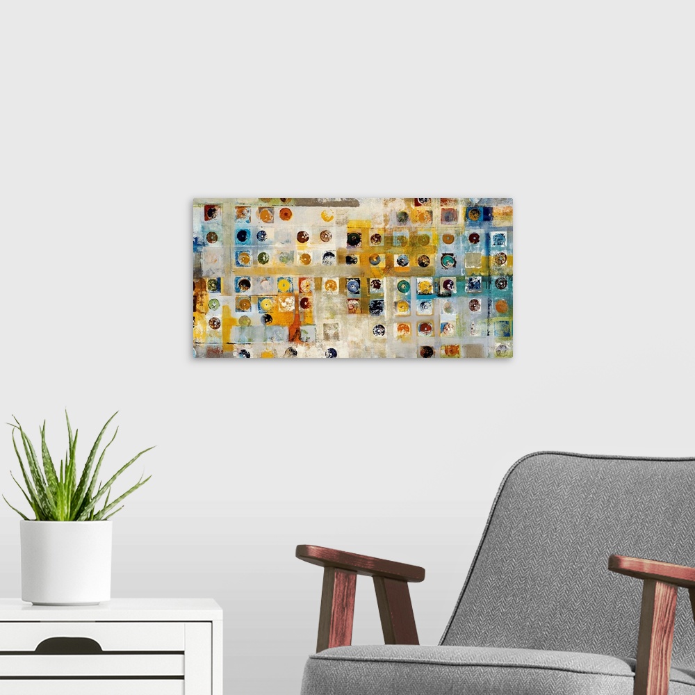 A modern room featuring This is a horizontal, abstracting painting of a grid of shapes filled with circles and squares.