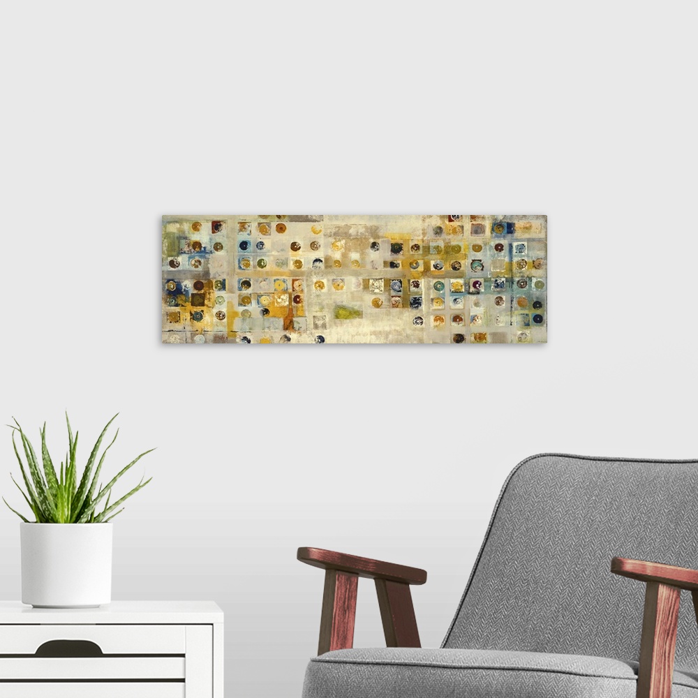 A modern room featuring Contemporary abstract painting using pale earth tons and geometric shapes.