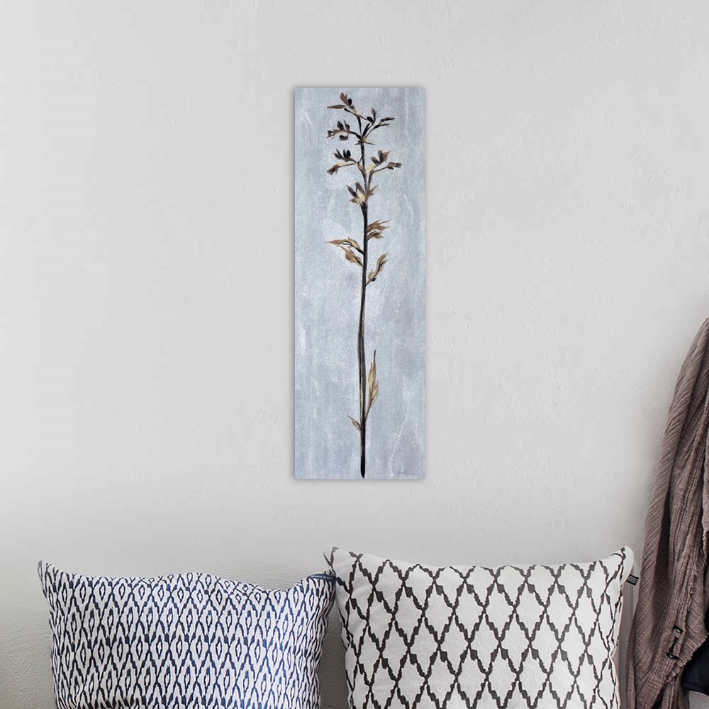 A bohemian room featuring Contemporary painting of a tall thin flower against a pale gray almost like stone.