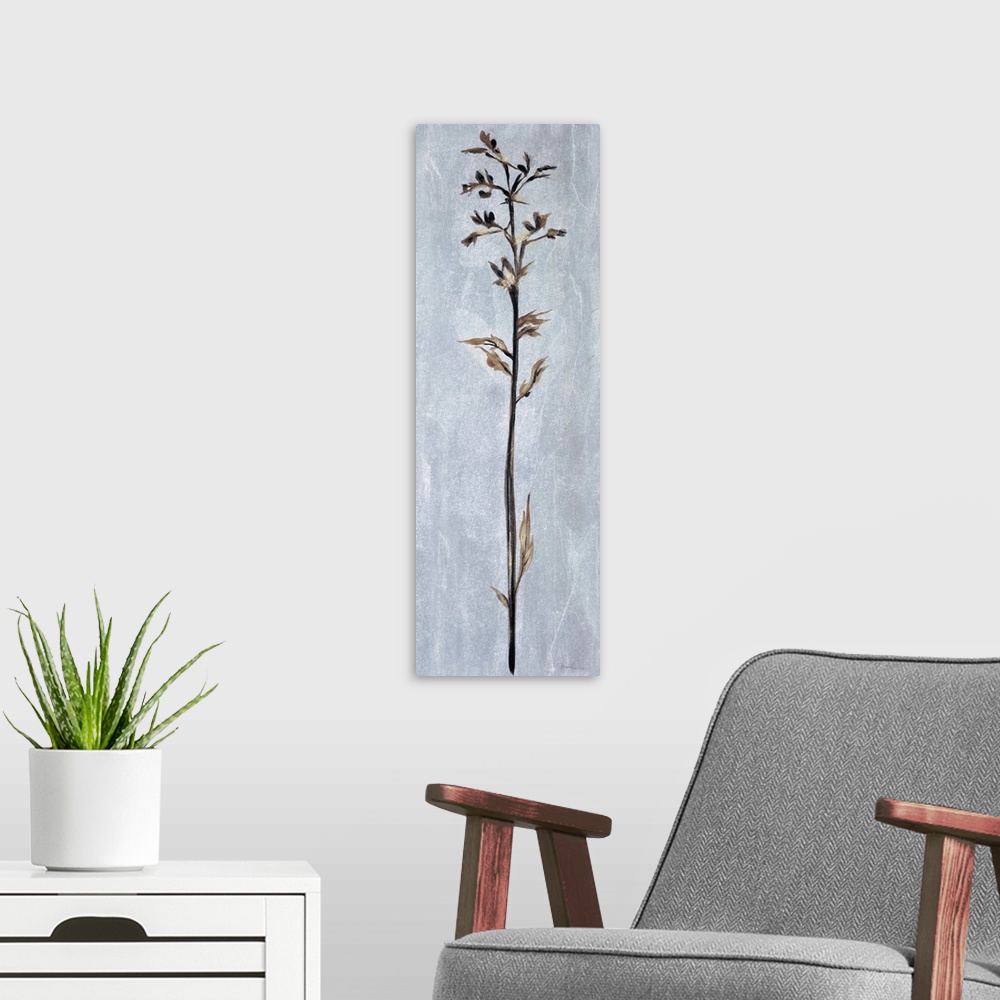 A modern room featuring Contemporary painting of a tall thin flower against a pale gray almost like stone.
