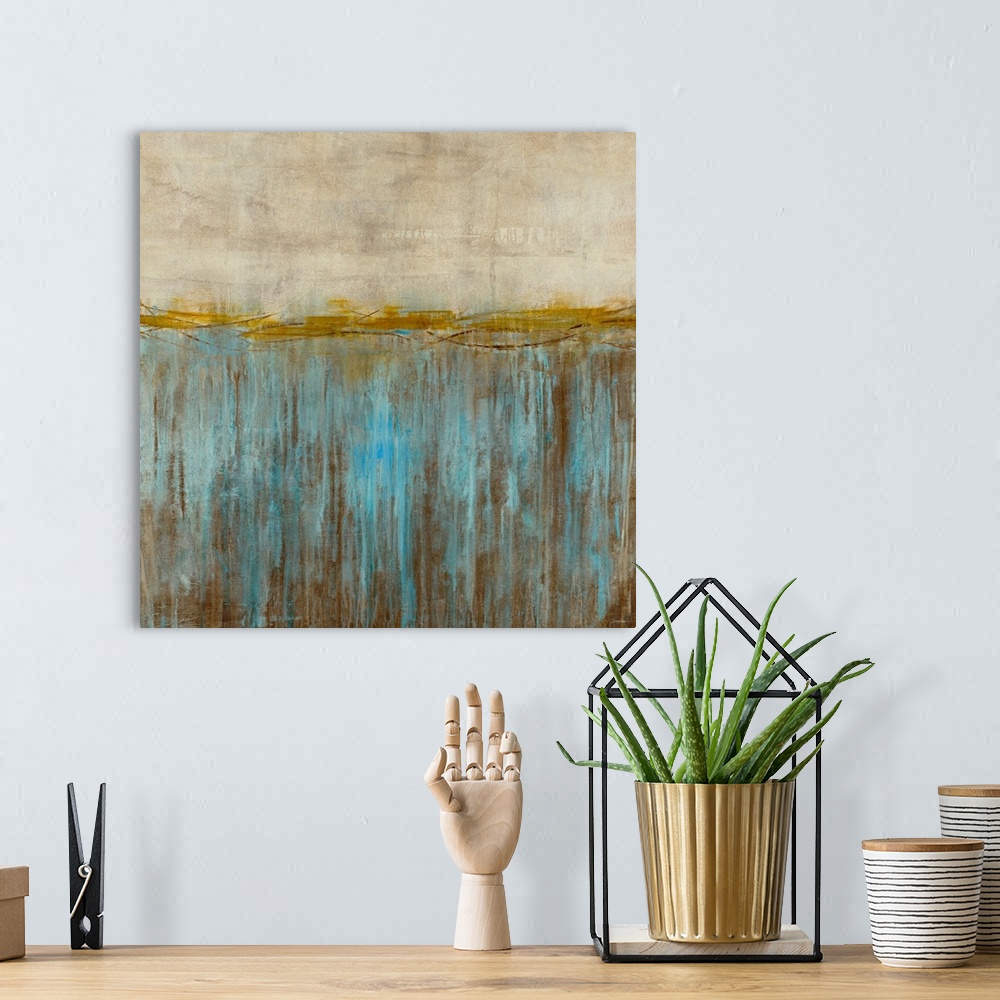 A bohemian room featuring This square shaped abstract wall art is divided into three different paint textures; the top two ...