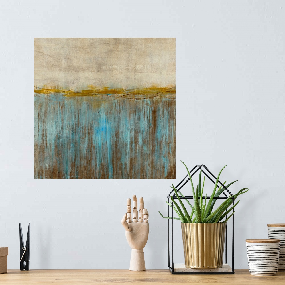 A bohemian room featuring This square shaped abstract wall art is divided into three different paint textures; the top two ...
