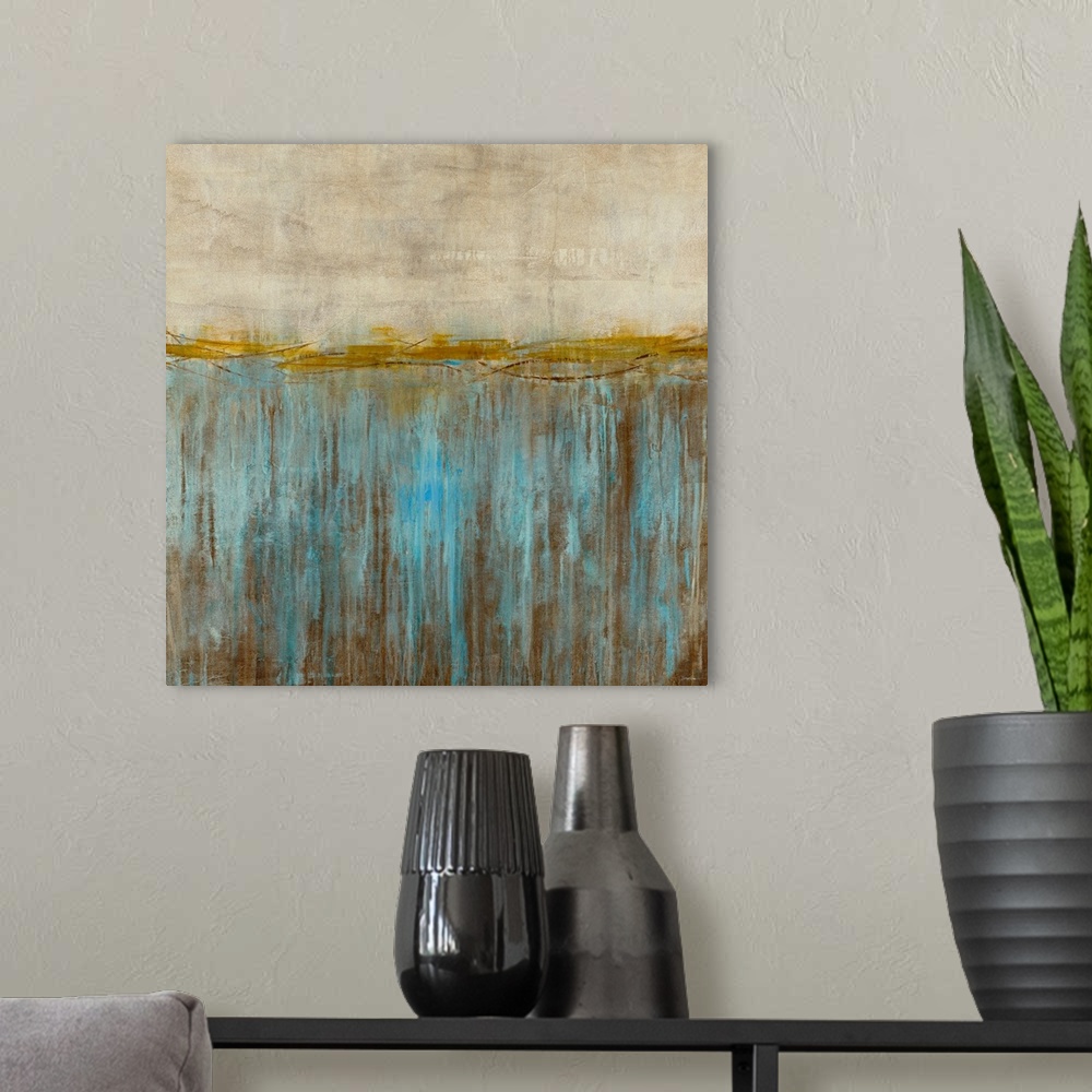 A modern room featuring This square shaped abstract wall art is divided into three different paint textures; the top two ...