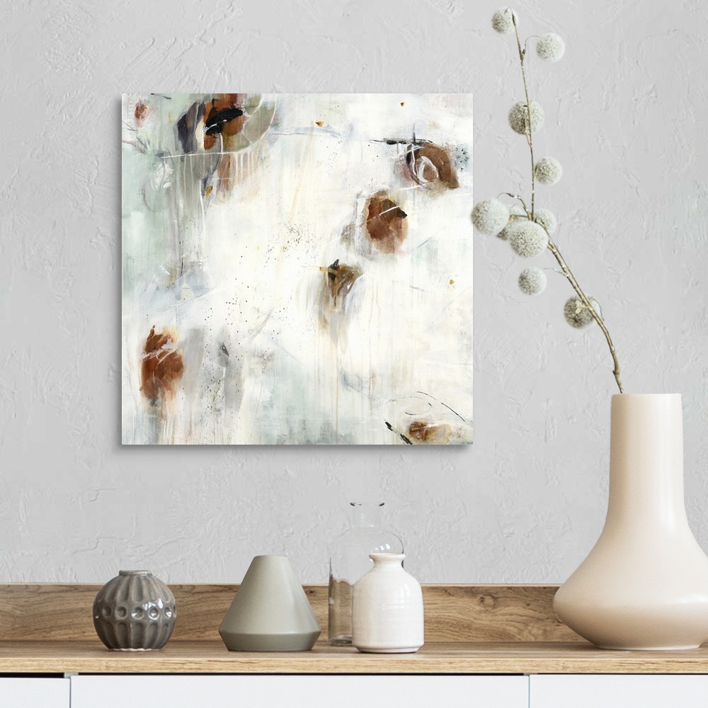 A farmhouse room featuring A contemporary abstract painting using splashes of brown against a neutral background.