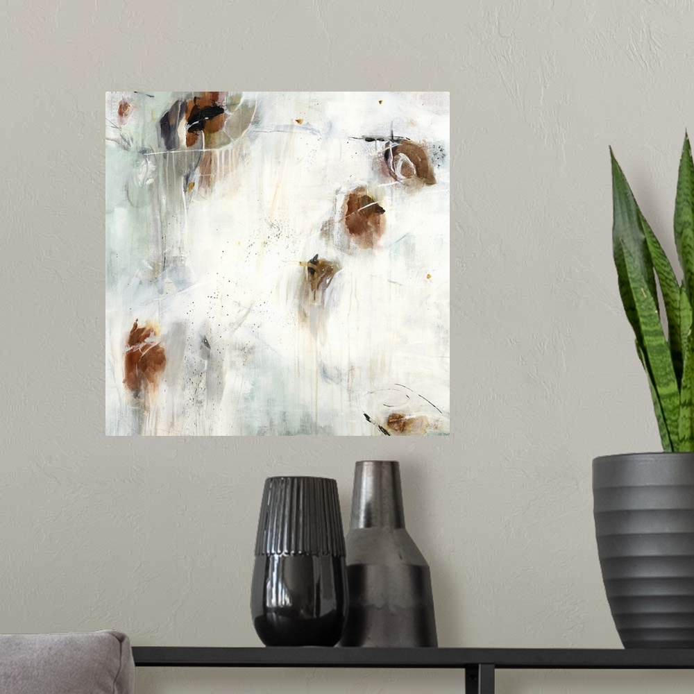 A modern room featuring A contemporary abstract painting using splashes of brown against a neutral background.