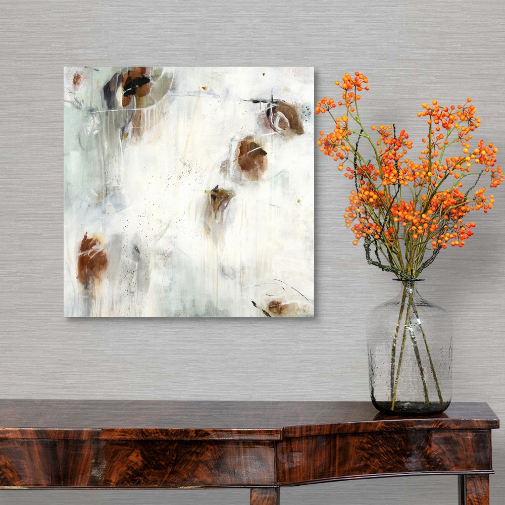 A traditional room featuring A contemporary abstract painting using splashes of brown against a neutral background.