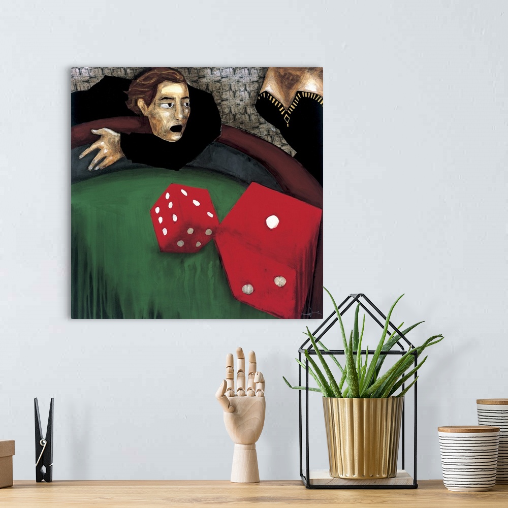 A bohemian room featuring A painting of a man throwing red dice on a craps table.