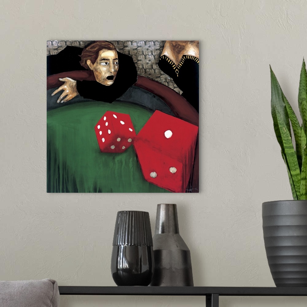 A modern room featuring A painting of a man throwing red dice on a craps table.
