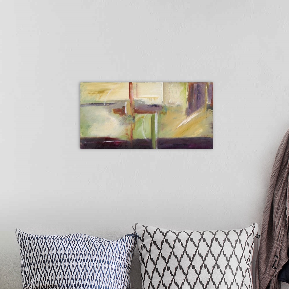 A bohemian room featuring Abstract painting with deep purple, red, green, yellow, gold, and white hues.