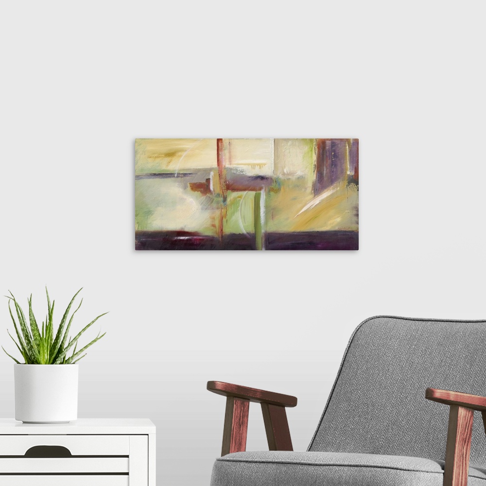A modern room featuring Abstract painting with deep purple, red, green, yellow, gold, and white hues.