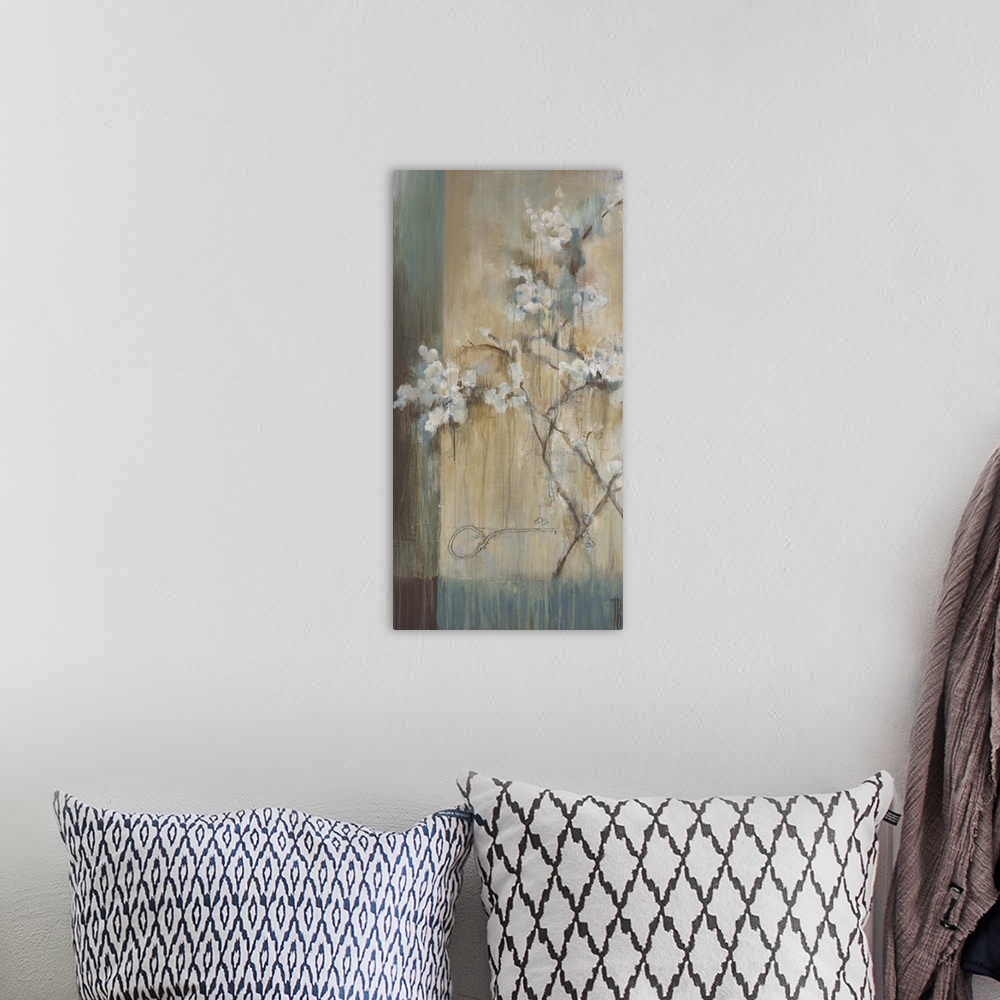 A bohemian room featuring Contemporary painting of white flowers against a washed background.
