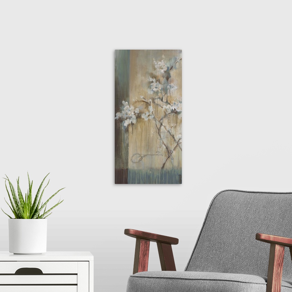 A modern room featuring Contemporary painting of white flowers against a washed background.