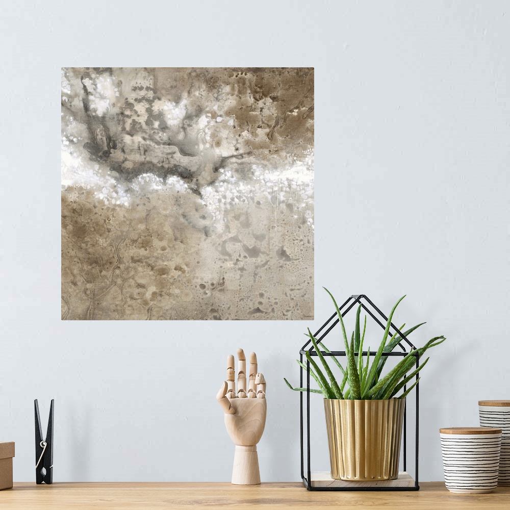 A bohemian room featuring Contemporary abstract painting using neutral tones and gritty textures.