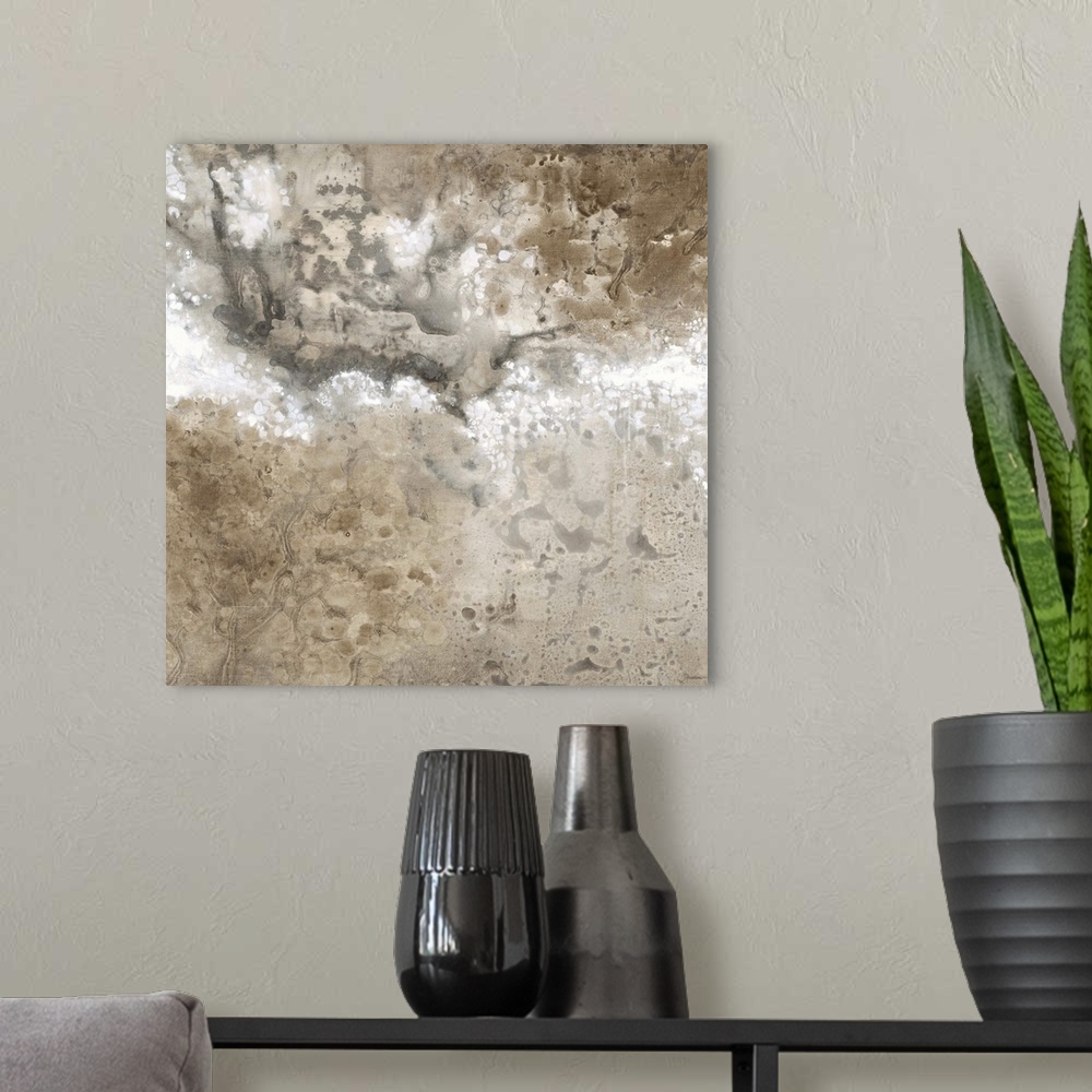 A modern room featuring Contemporary abstract painting using neutral tones and gritty textures.
