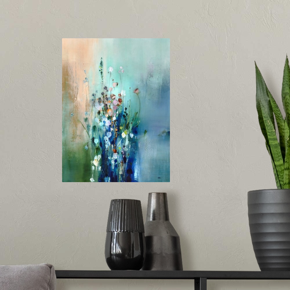 A modern room featuring A contemporary abstract painting that resembles a bunch of tall wildflowers on a green and blue b...