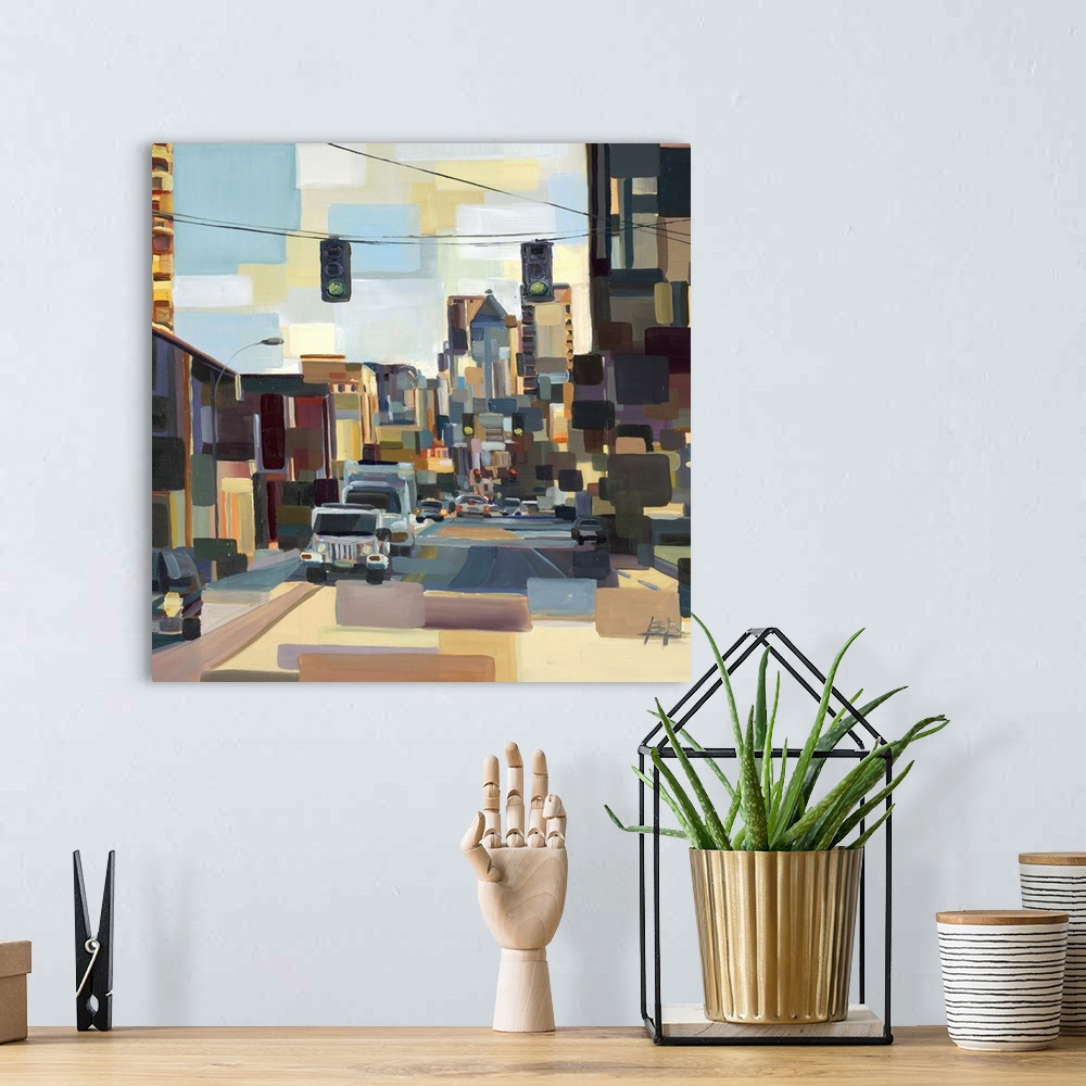 A bohemian room featuring Contemporary abstract painting of an urban environment deconstructed into geometric shapes.