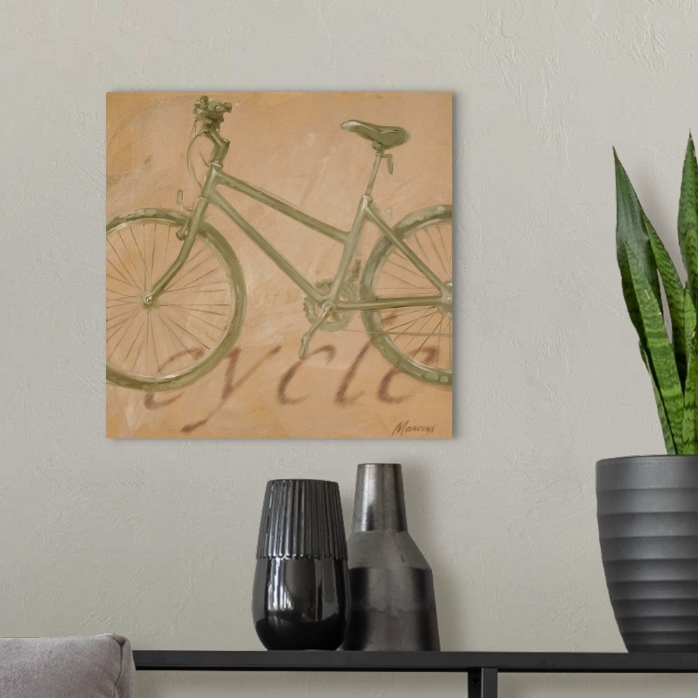 A modern room featuring A square painting with a limited color palette of a bicycle, the wheels have been cropped out; fa...