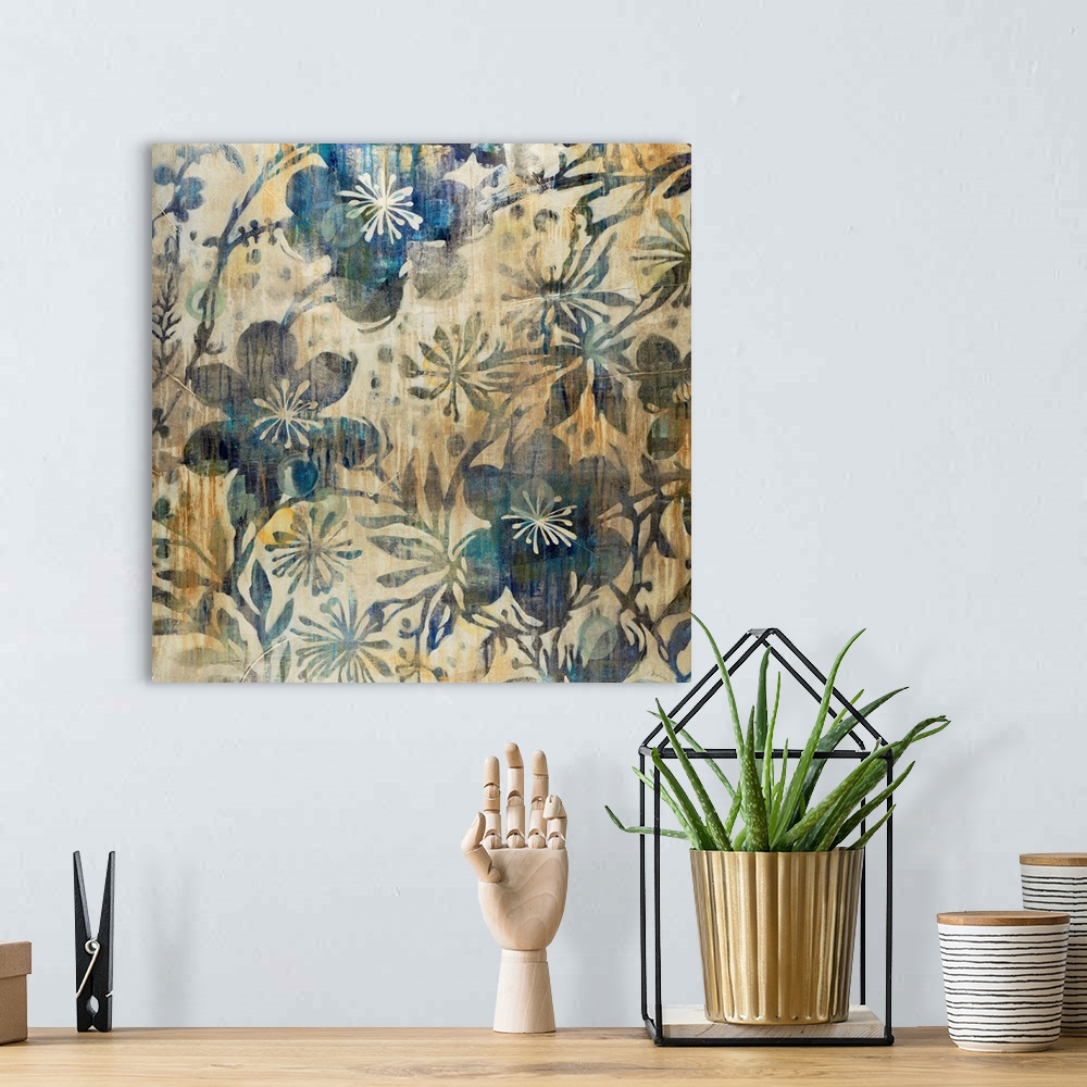A bohemian room featuring A large piece of contemporary artwork that has large and small blue flowers painted throughout th...