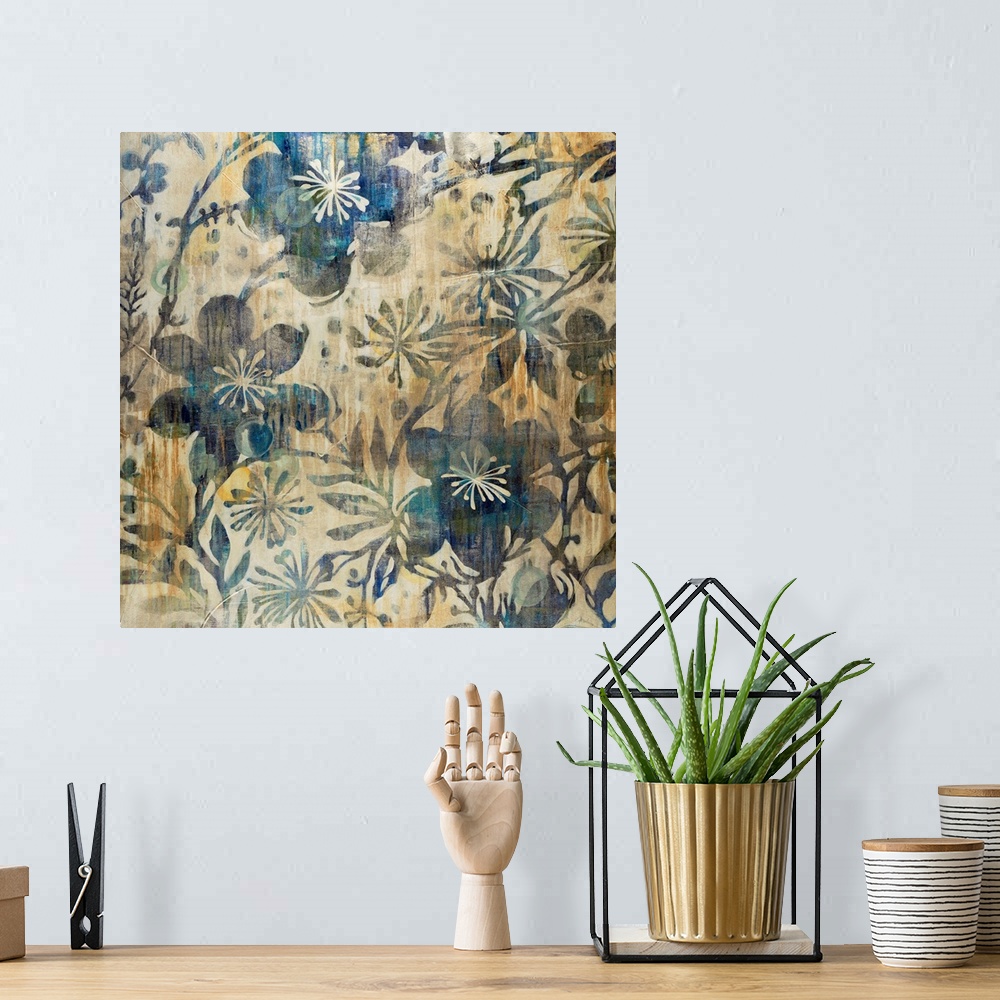 A bohemian room featuring A large piece of contemporary artwork that has large and small blue flowers painted throughout th...