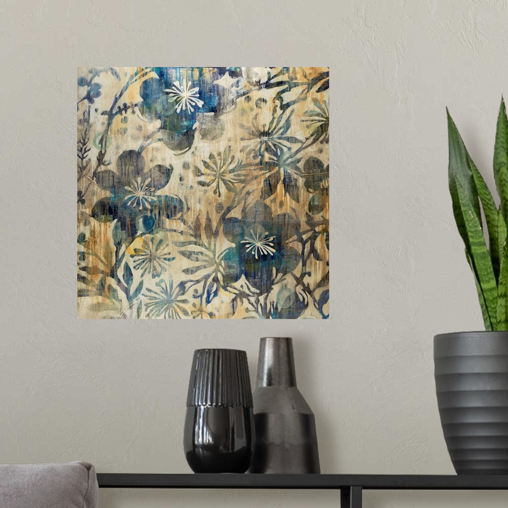 A modern room featuring A large piece of contemporary artwork that has large and small blue flowers painted throughout th...