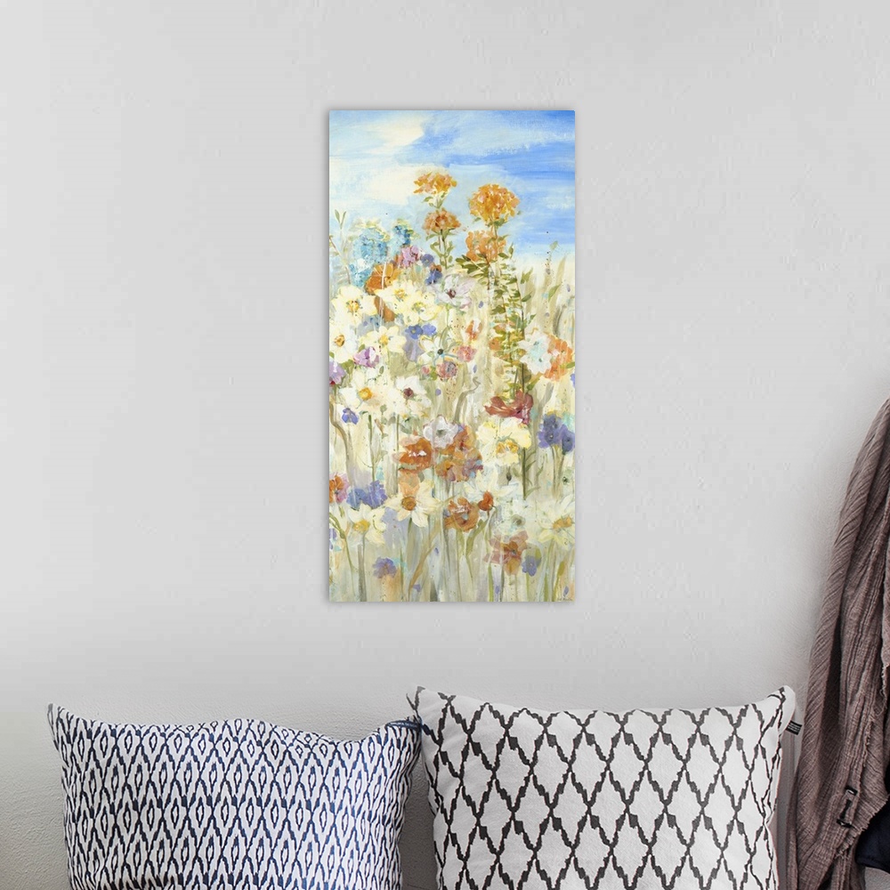 A bohemian room featuring Contemporary painting of a group of garden flowers rising from the ground on their long stems.