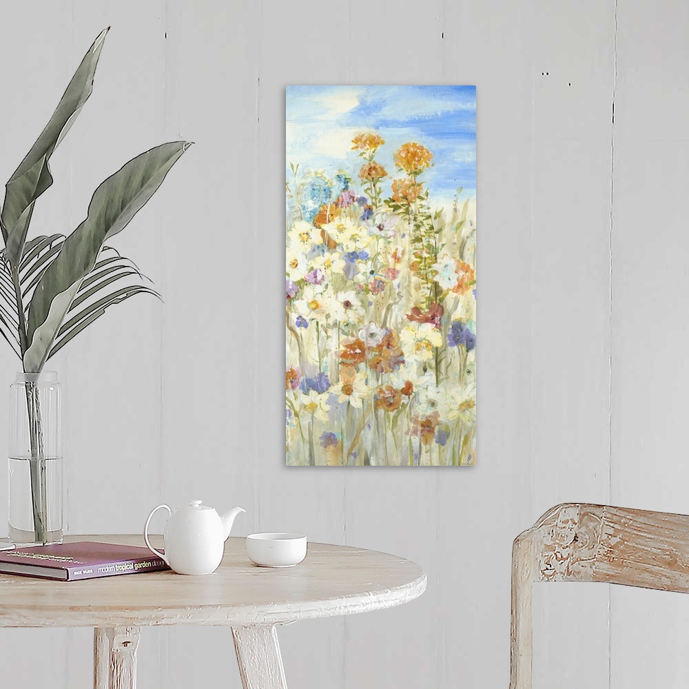A farmhouse room featuring Contemporary painting of a group of garden flowers rising from the ground on their long stems.
