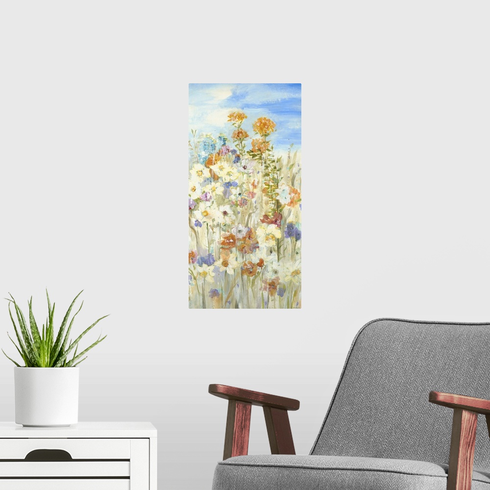 A modern room featuring Contemporary painting of a group of garden flowers rising from the ground on their long stems.