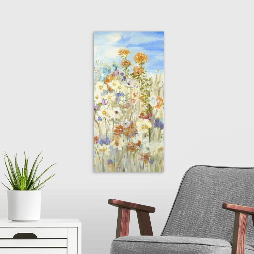 A modern room featuring Contemporary painting of a group of garden flowers rising from the ground on their long stems.
