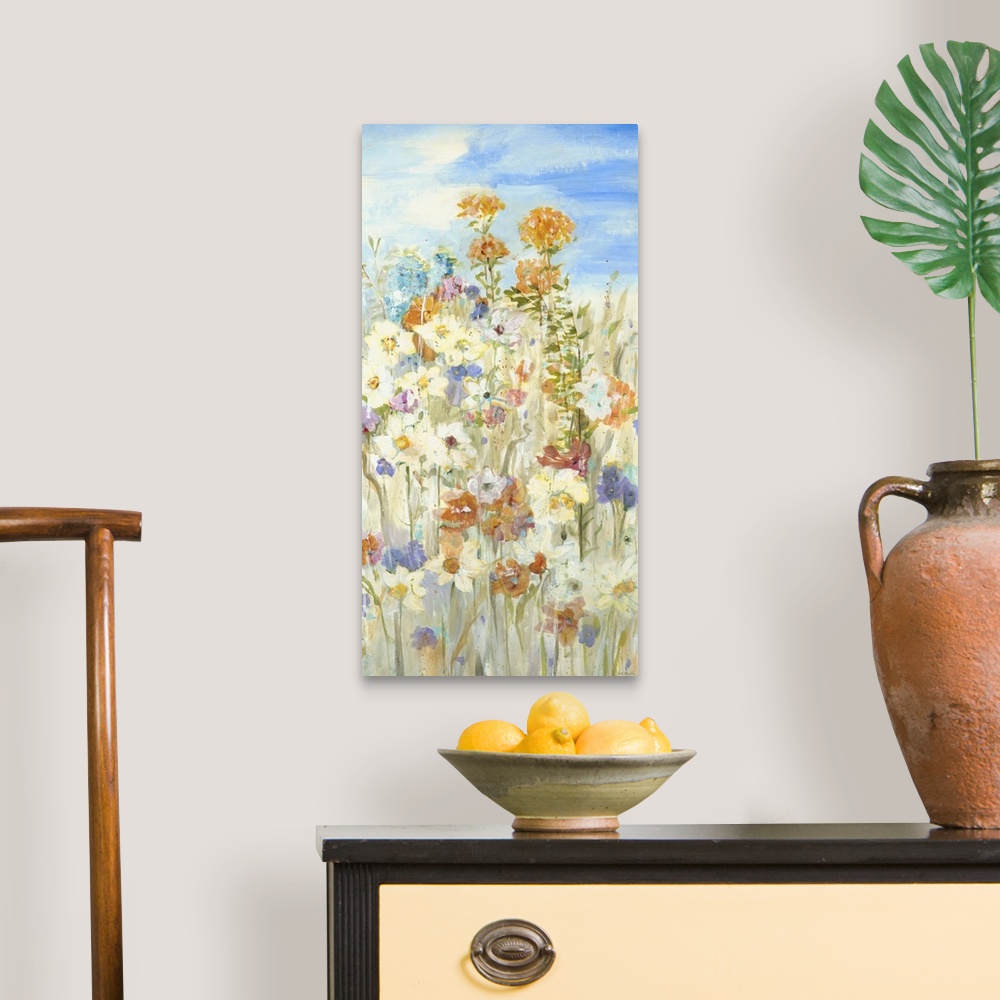A traditional room featuring Contemporary painting of a group of garden flowers rising from the ground on their long stems.