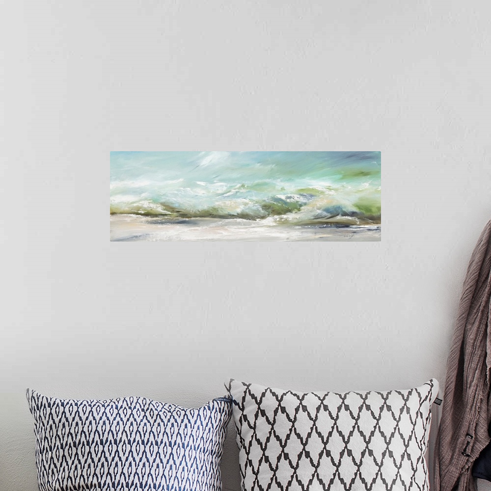 A bohemian room featuring A contemporary panoramic painting of green ocean waves washing onto the sand - a calm image perfe...